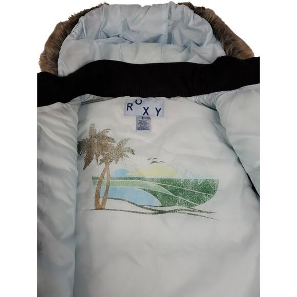 ROXY Womens Hooded PUFFER VEST Black Removable Fur Trimmed Hood Size Large - Picture 8 of 14